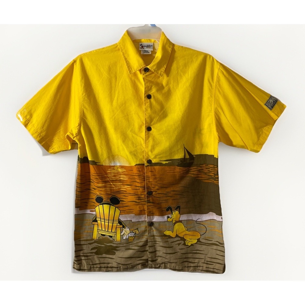 VTG Y2K Disney Hang Loose Shirt Mens L Yellow Hawaiian Mickey Pluto Goofy Donald